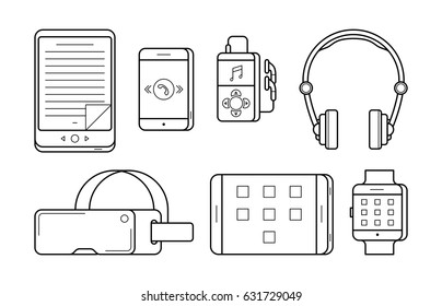 Media icons in thin line style. Electronic multimedia devices and person gadgets: eBook, smartphone and player, headphones, headset and tablet. Vector outline illustration isolated on white.
