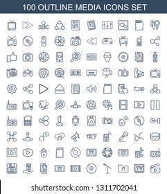 media icons. Trendy 100 media icons. Contain icons such as play, TV, music folder, microphone, disc, movie tape, news, mp player on hand, diskette. media icon for web and mobile.