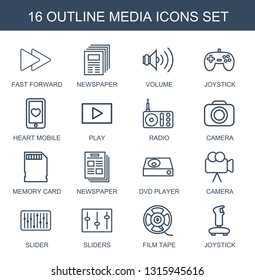 media icons. Trendy 16 media icons. Contain icons such as fast forward, newspaper, volume, joystick, heart mobile, play, radio, camera, memory card. media icon for web and mobile.