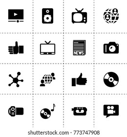 Media icons. vector collection filled media icons. includes symbols such as tv, thumbs up, video camera, disc, music disc, speaker. use for web, mobile and ui design.