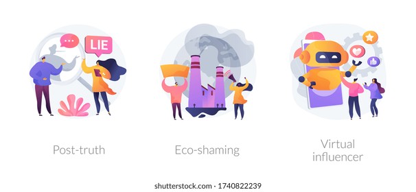 Media Influence Abstract Concept Vector Illustration Set. Post-truth, Eco-shaming, Virtual Influencer, Fake News, Propaganda, Internet Abuse, Ecological Activist, Social Media Abstract Metaphor.