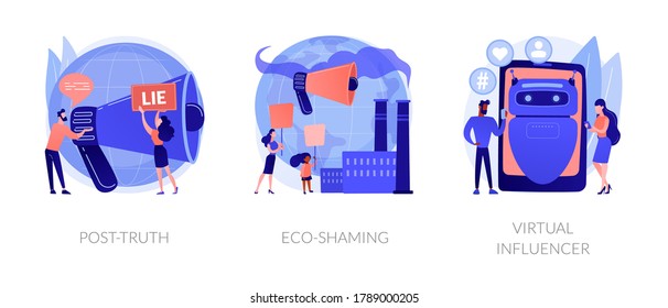 Media influence abstract concept vector illustration set. Post-truth, eco-shaming, virtual influencer, fake news, propaganda, internet abuse, ecological activist, social media abstract metaphor.