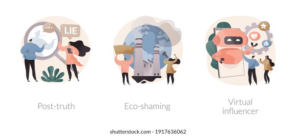 Media influence abstract concept vector illustration set. Post-truth, eco-shaming, virtual influencer, fake news, propaganda, internet abuse, ecological activist, social media abstract metaphor.