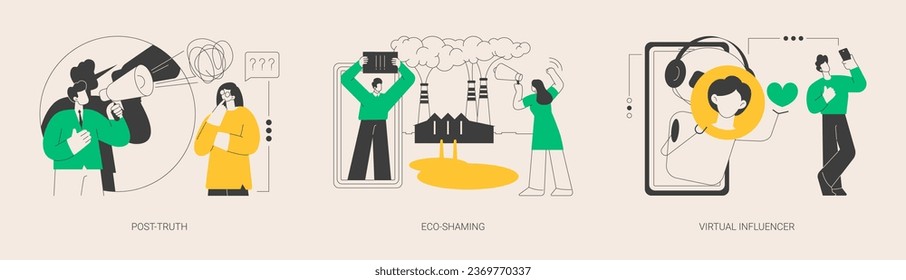 Media influence abstract concept vector illustration set. Post-truth, eco-shaming, virtual influencer, fake news, propaganda, internet abuse, ecological activist, social media abstract metaphor.