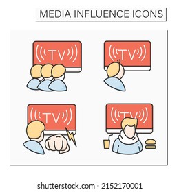 Media Influence Color Icons Set. TV Audience, Violence And Crime On TV. Fast Food Overeating And Programs For Children. Isolated Vector Illustrations