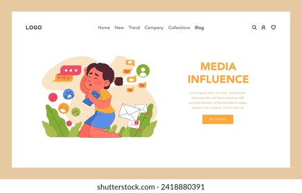 Media influence web or landing. Young girl overwhelmed by social notifications, emoticons, and messages, digital age challenges. Stressed by excessive online presence. Flat vector illustration