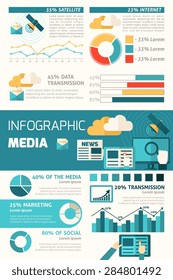 Media infographic set with communication elements and charts vector illustration
