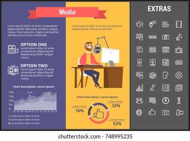 Media infographic template, elements and icons. Infograph includes customizable graphs, charts, line icon set with social media, user profile, broadcast media, music record, telecommunication etc.