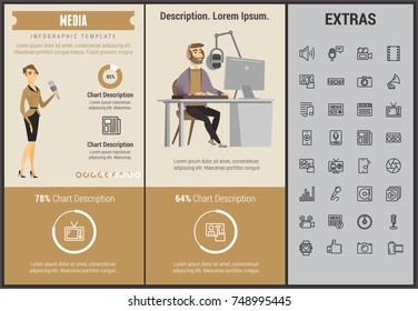 Media infographic template, elements and icons. Infograph includes customizable graphs, charts, line icon set with social media, user profile, broadcast media, music record, telecommunication etc.