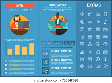 Media infographic template, elements and icons. Infograph includes customizable graphs, charts, line icon set with social media, user profile, broadcast media, music record, telecommunication etc.