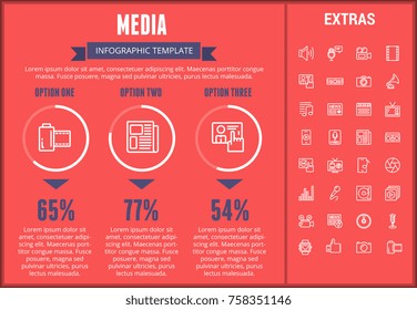 Media infographic template, elements and icons. Infograph includes customizable graphs, three options, line icon set with social media, user profile, broadcast media, record, telecommunication etc.