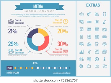 Media infographic template, elements and icons. Infograph includes customizable pie chart, graph, line icon set with social media, user profile, broadcast media, music record, telecommunication etc.