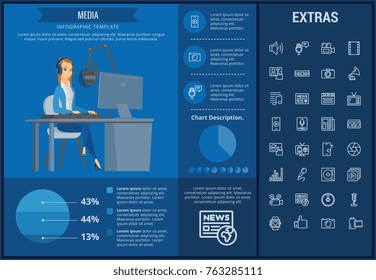 Media infographic template, elements and icons. Infograph includes customizable graphs, charts, line icon set with social media, user profile, broadcast media, music record, telecommunication etc.