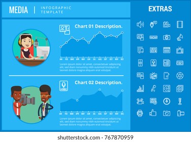 Plantilla de infografía de medios, elementos e iconos. La infografía incluye gráficos personalizables, gráficos, gráficos, juegos de iconos de línea con medios sociales, perfil de usuario, medios de difusión, registros musicales, telecomunicaciones, etc.