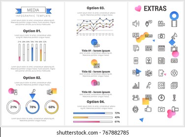 Plantilla de infografía de medios, elementos e iconos. Infograph incluye gráficos personalizables, cuatro opciones, conjunto de iconos de línea con medios sociales, perfil de usuario, medios de difusión, registros, telecomunicaciones, etc.