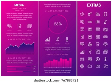 Plantilla de infografía de medios, elementos e iconos. La infografía incluye gráficos personalizables, gráficos, gráficos, juegos de iconos de línea con medios sociales, perfil de usuario, medios de difusión, registros musicales, telecomunicaciones, etc.
