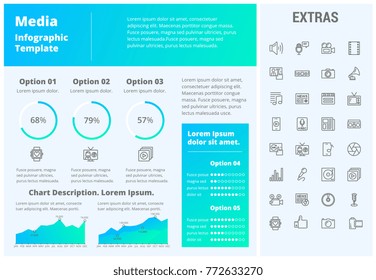Plantilla de infografía de medios, elementos e iconos. Infograph incluye gráficos personalizables, tres opciones, conjunto de iconos de línea con medios sociales, perfil de usuario, medios de difusión, registros, telecomunicaciones, etc.