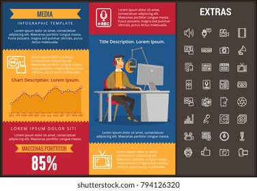 Media infographic template, elements and icons. Infograph includes customizable graphs, charts, line icon set with social media, user profile, broadcast media, music record, telecommunication etc.