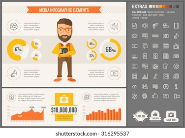 Media infographic template and elements. The template includes illustrations of hipster men and huge awesome set of thin line icons. Modern minimalistic flat vector design.