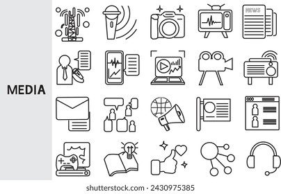 Medien- und Informationskommunikation Öffentlichkeitsarbeit Informationskommunikation Wirtschaft, Set von Zeilensymbolen für Unternehmen, Umrisssymbolsammlung., Vektorgrafik. Bearbeitbarer Strich
