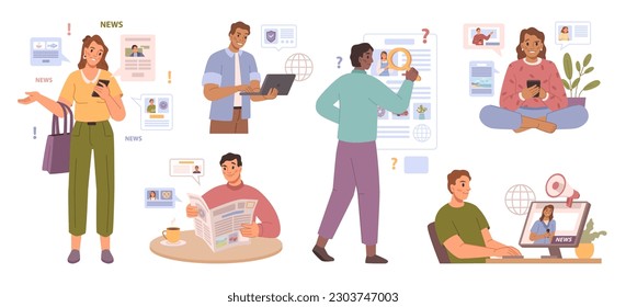 Media information set of people characters get news from internet and TV sources, vector illustration. News informative broadcast man and woman reading newspapers, flat cartoon