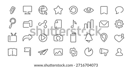 Media interface one line icons. Navigation, toolbar and settings, email and camera, heart and location, music continuous line symbols for web app and mobile UI or UX editable vector isolated set.
