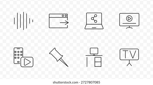 Media interface set icon. Sound bars, browser arrow, laptop share, monitor play, phone video, pin, desktop, tv board drawn in outlined style with transparent background