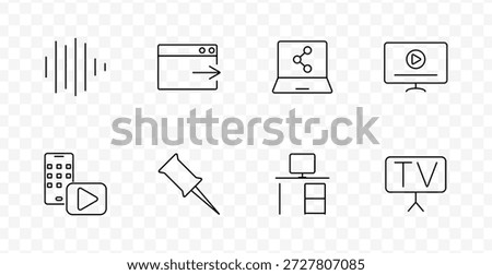 Media interface set icon. Sound bars, browser arrow, laptop share, monitor play, phone video, pin, desktop, tv board drawn in outlined style with transparent background