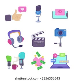 Media and internet elements vector illustrations set. Collection of cartoon drawings of radio microphones, camera for recording videos, clapper. Multimedia, network, communication concept