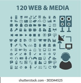 media, internet flat isolated web icons, signs, illustrations set, vector