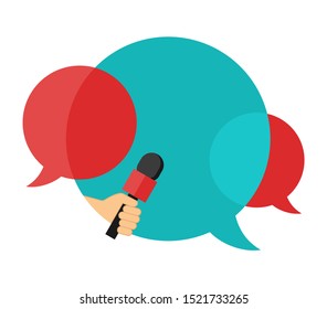 Media interview icon or press conference - microphone in hand and dialog bubbles with place for text -  isolated template for breaking news headline, banner or poster