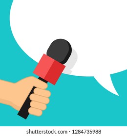 Media interview or TV report - microphone in hand and dialog box on bright background - vector template for breaking news headline, banner or poster