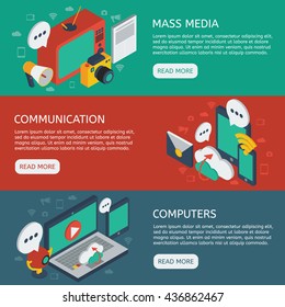 Media Isometric Horizontal Banners Set With Mass Communication Cloud Service And Online Discussions Computers Isolated Vector Illustration