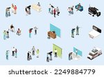 Media isometric icons set with journalist and news reporters scenes isolated vector illustration