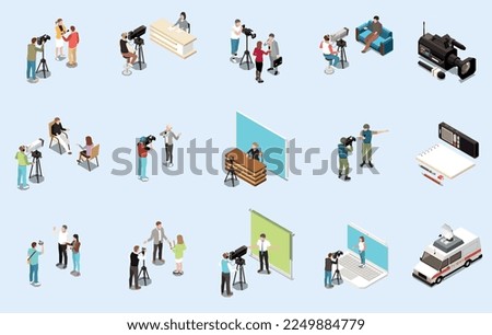 Media isometric icons set with journalist and news reporters scenes isolated vector illustration
