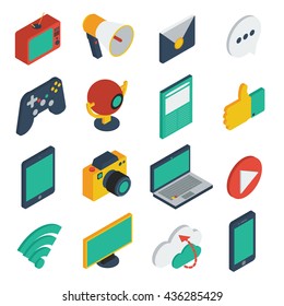 Media isometric icons set with tv megaphone webcam laptop wi-fi blogging data cloud isolated vector illustration