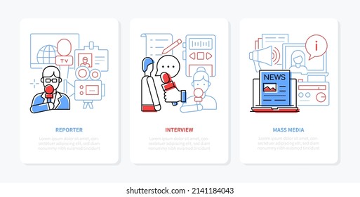 Media and journalism - line design style banners set with editable stroke and place for text. News or sensations, reporter, television, voice recorder, live broadcast, information flow idea