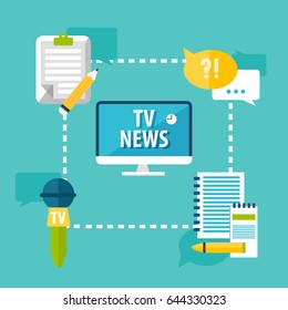 Media journalistic flat infographic set with reporter icons and elements on light background vector illustration