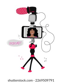 Media kit, camera, mic, phone holder and speech bubble doodle icon. Sound recording device, media equipment hand drawn isolated vector illustration. Microphone, phone, broadcasting facilities. Podcast