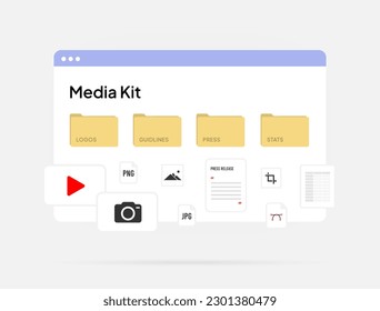 Media kit or press kit concept. Pre-packaged promotional materials - photo, logo, video, press release, guidelines to provide information to media. Ideal for release announcements and news conferences