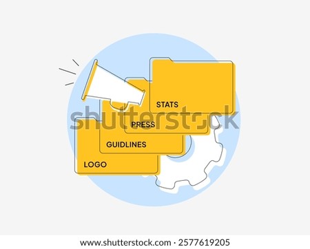 Media kit with press release, brand guidelines, stats and logo files. PR strategy, marketing communication, corporate branding and media resources for journalists and content creators illustration