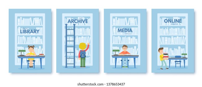 Media library brochure vector templates set. Online library posters advertisement. E-reading, e-learning. Schoolkids reading, studying. Pupils preparing for exams vector illustration