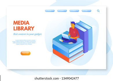 Media library cartoon vector landing page template. Online reader app web banner with text space. Ebooks archive website page. Student sitting on books stack. Man reading and working on laptop