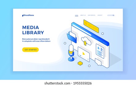 Media library. Isometric web page template presenting service of online media library. Browser screen with podcast, video, files, upload, text and message icons. Web banner, landing page template
