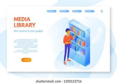 Media library vector landing page template. Student near bookshelf web banner with text space. Smart pupil in glasses cartoon character. Nerd with book. E-book library website design