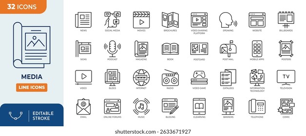 Media line editable icon set. Contain icon related to mass media, social networks, public media, journalism, communication, networking, and more. Editable stroke. Vector illustration