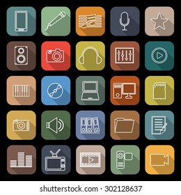 Media line flat icons with long shadow, stock vector