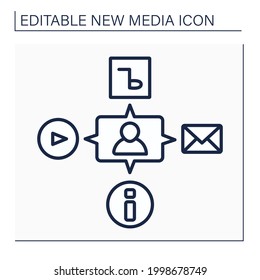 Icono de línea de medios. Interacción con todo el contenido. Video, audio, información. Comunicación, charlando con amigos. Espacio multimedia. Nuevo concepto de medios. Ilustración vectorial aislada.Icono editable