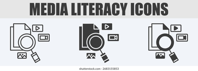 Media Literacy Icon Set Vector Illustration in Outline, Glyph, and Mixed