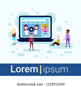 media load concept online video stream service player interface man woman watch mix race character on white background full length flat copy space vector illustration